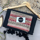 Black Handloom Khadi Cotton Saree With Multi Color Print Blouse